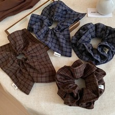 Maillard Retro Large Fabric Plaid Scrunchies for Women Girl Square Round Pleated