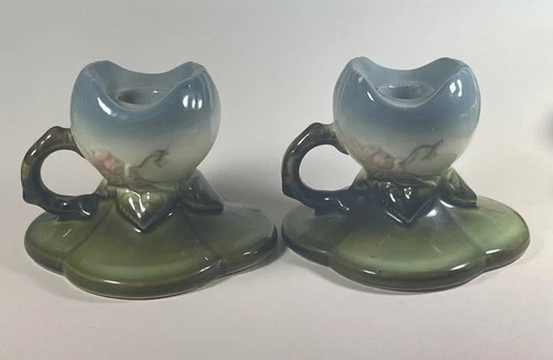 Hull Pottery Pair Of Candleholders Woodland Pattern W30
