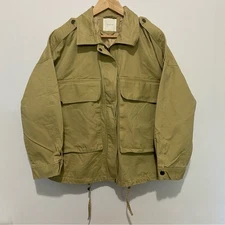 Elodie Khaki Utility Jacket Large Military Cargo Style Zip Front Cotton Coat