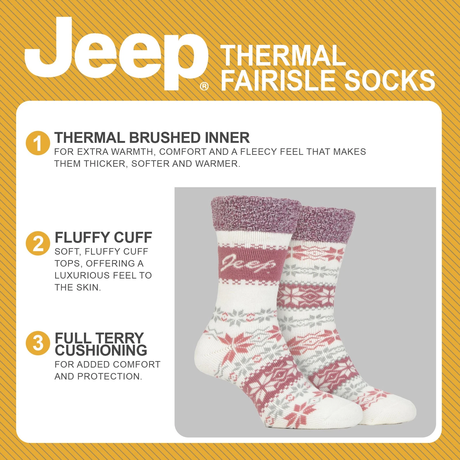 Jeep - 2 Pairs Women's Thermal Fair Isle Pattern Socks | Warm Winter Socks