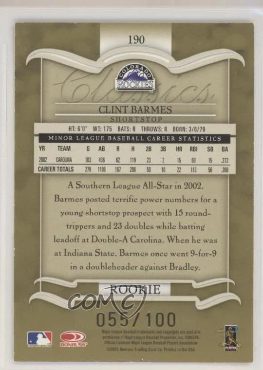 2003 Donruss Classics Rookie Timeless Tributes /100 Clint Barmes #190 Rookie RC - Image 2 of 2