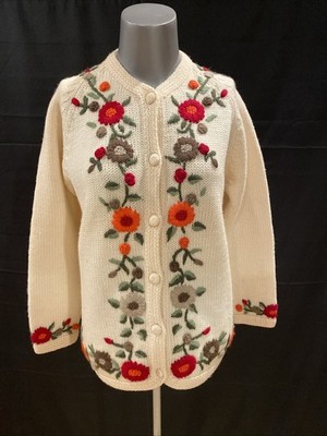 Macys Knit Cardigan Floral Crewel Made In Hong Kong Size 36 Medium