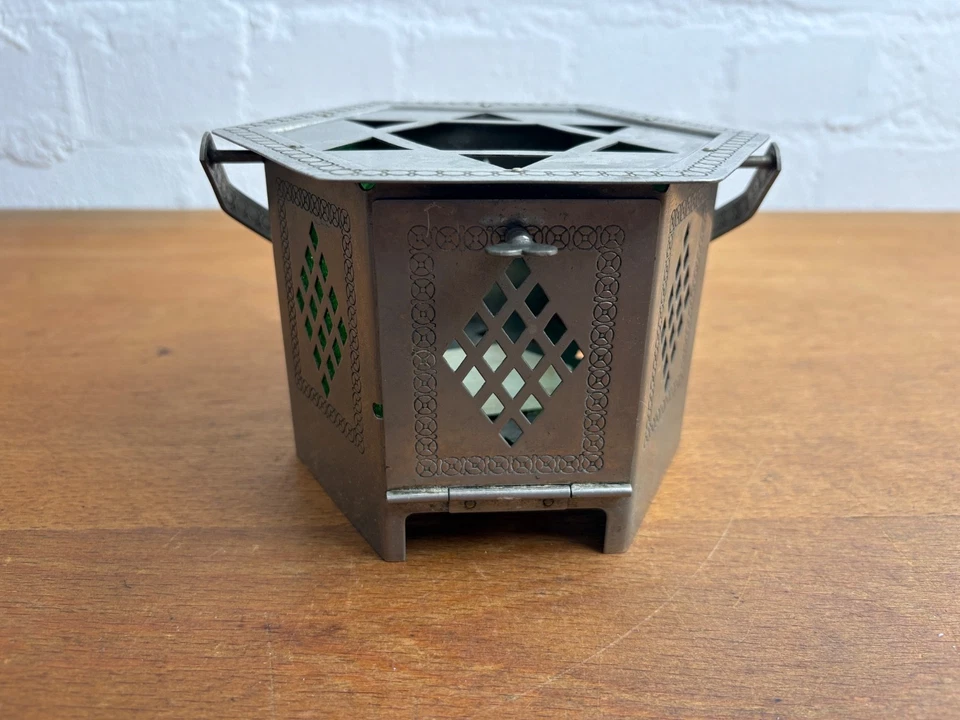 Antik 8-eckig ART DECO Stövchen Rechaud Teewärmer Metall grünes Glas 30er Stern  - Bild 3 von 4