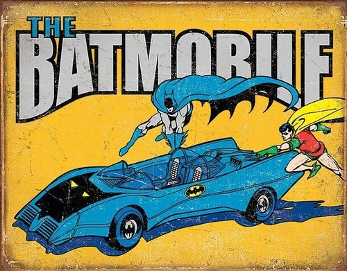Batman & Robin Vintage Tin Sign - Retro Batmobile Metal Wall Art 16x12.5 USA