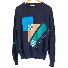 Vintage 90s Izod Club Sweater Geometric Retro Navy Blue Cotton Knit Pullover L