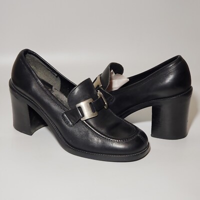 Vintage 90s Nine West Jenkins Black Leather Chunky Heel Shoes Size  Casual