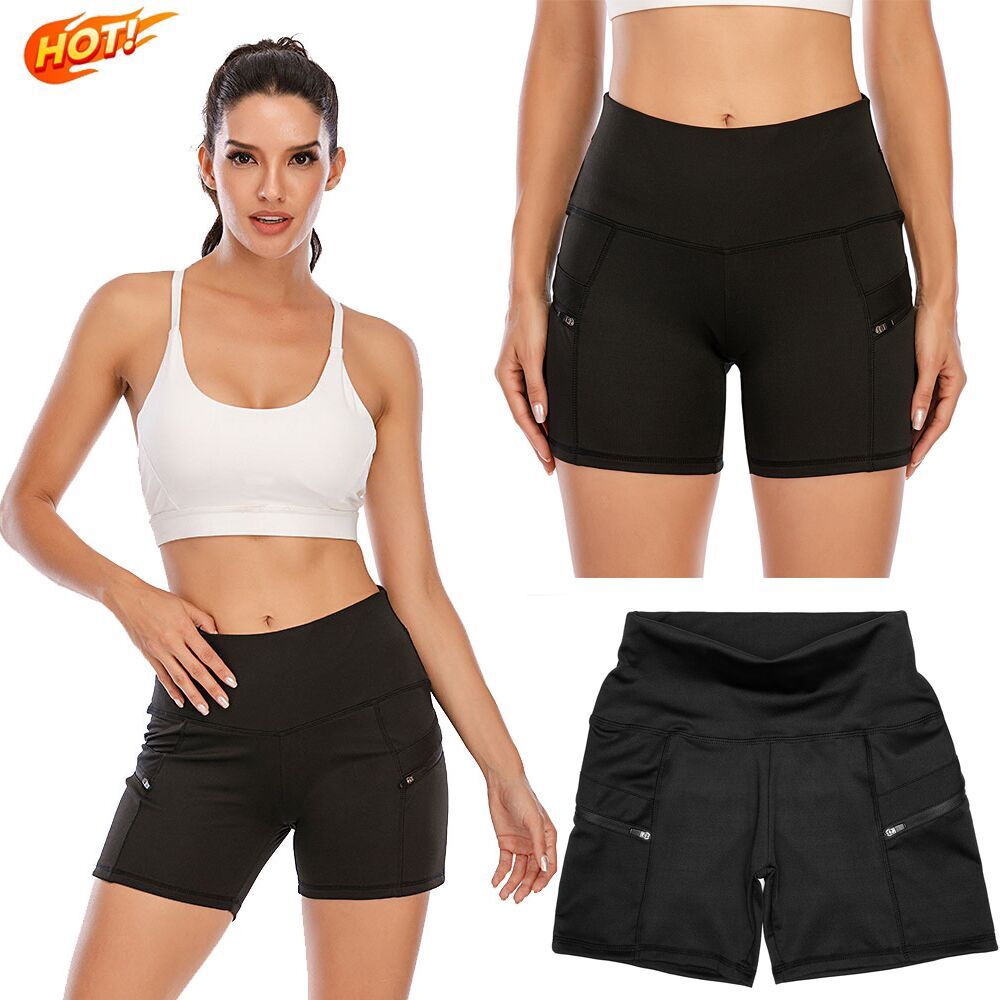 Womens Black High Waist Yoga Shorts with Pockets Cycling Gym