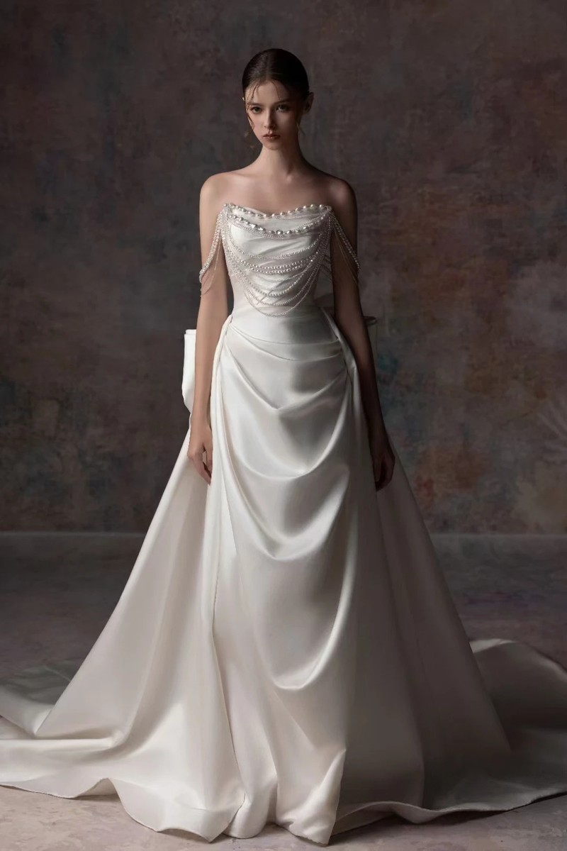 Satin Wedding Dress For Women Top Skirt With Pearls String Of Pearls Bridal  Gown | eBay