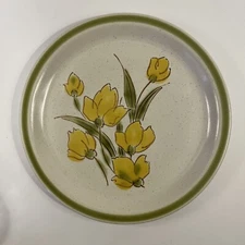 Stonybrook Stoneware by Japan Dinner Plate 10 5/8" Yellow Flowers Green Rim