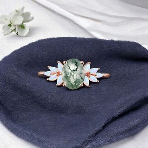 Authentic 14k Rose Gold 8X6 mm Oval Cut Moss Agate Opal Cluster Bridal Stacking Ring