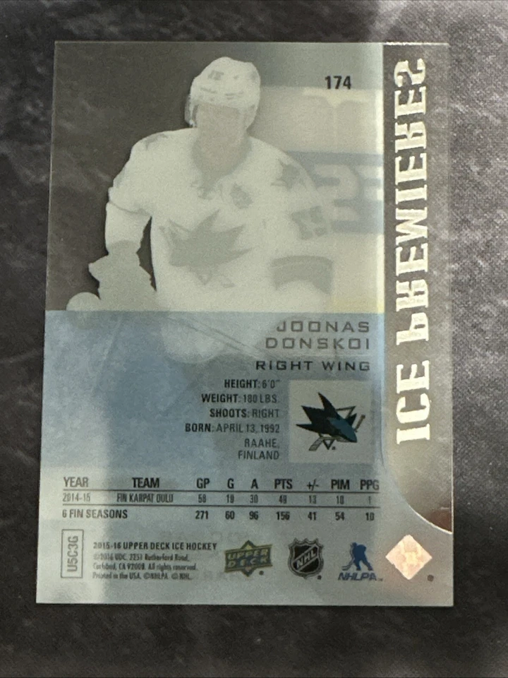 2015-16 Upper Deck Ice Rookie Premieres 174 Joonas Donskoi San Jose Sharks - Image 2 of 2