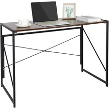 Modern Office Desk Folding Computer Laptop Writing Study Wood Metal Desk, Brown