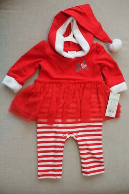 NWT Cat & Jack Baby Girl 0-3M Red Christmas Dress With Attached Pants And Hood