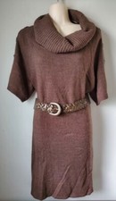 Worthington WMN Brown Knit Sweater Dress Size L Cowl Neck Short Sleeve Tunic Top