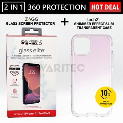 For Apple iPhone 11 Pro Zagg Glass Screen Saver + Tech21 Clear Case Cover Pink - Image 1 of 4