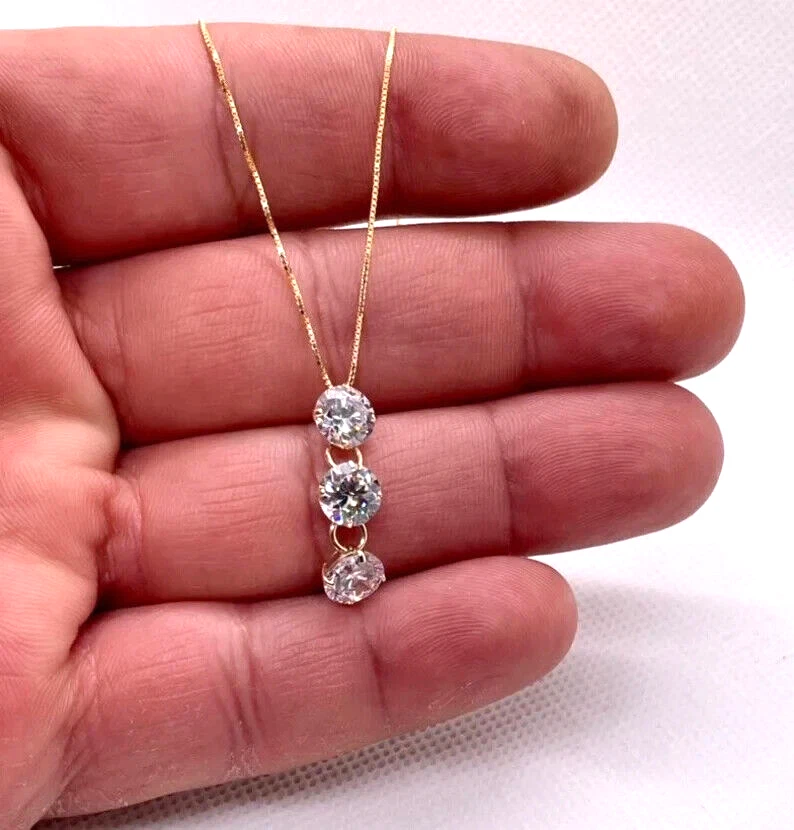 14K SOLID YELLOW GOLD 3 DROP CHAIN NECKLACE 3 cts LAB CREATED DIAMONDS / 18''  - Image 2 of 3