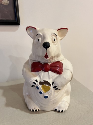 McCoy Vintage White Polar Bear Bowtie Cookie Jar Vest 1940's Green Ears