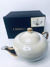 I Godinger Tea Pot Pearl Luster Ivory Gold Trim Vintage New in Gift Box 6" 28oz