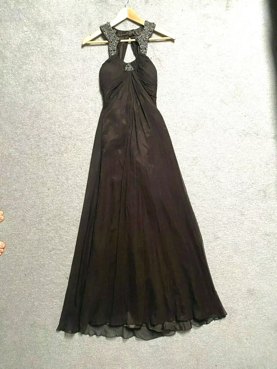 AIDAN MATTOX Dress sz 0 Long GOWN 100 SILK Brown Keyhole Beaded