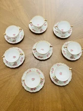 Antique T&V Limoges 8 Cream Soup Bowls & Underdish Tressemann & Vogt Pink Roses