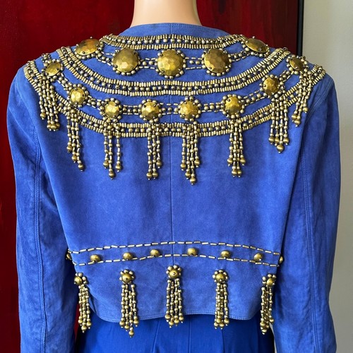 GIANNI VERSACE blue suede jacket w/ metal pieces and bead work from S/S 1990 - Picture 6 of 20