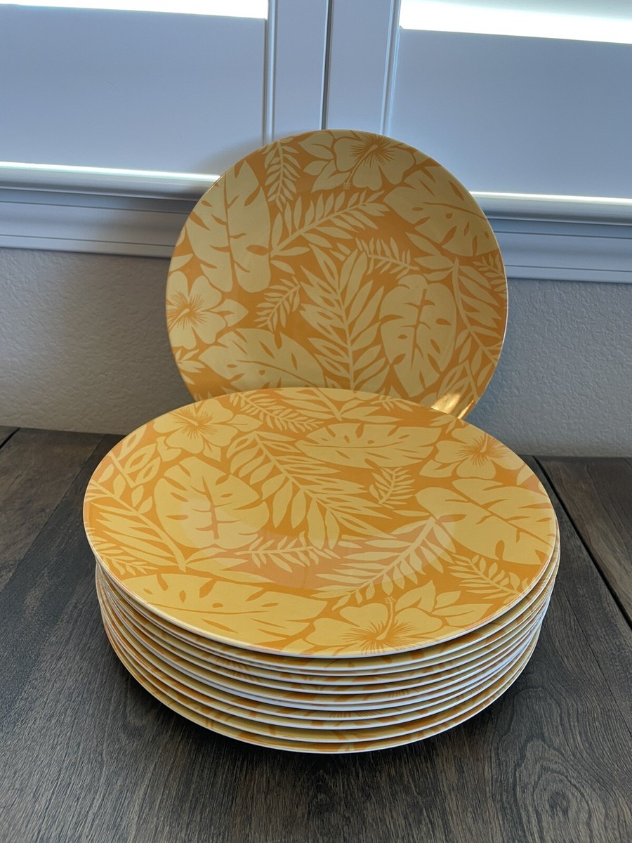 Set 12 Dinner Plates Plastic Orange Yellow Tropical Palm Leaves