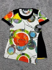 Libra Top Women Medium Artsy Geometric AOP Planet Asymmetric Layered Shirt NWT