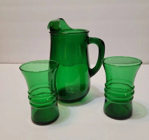 Vintage Anchor Hocking Forest Green Water Pitcher and Two Cups