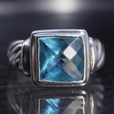 Size 7, vintage sterling silver 925 statement ring with blue topaz and ribbed