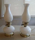 2 Vintage Electric Hobnail Milk Glass Hurricane Style Lamps 16"