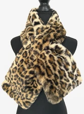 Calvin Klein Leopard Faux Fur Pull Through Scarf Wrap Brown Black Logo EUC