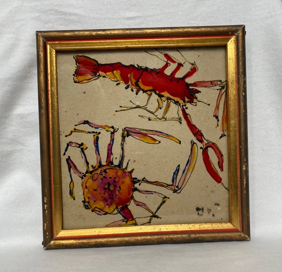 Seltsames altes Glasbild Expressionismus HUMMER und KRABBE Lobster and Crab  - Bild 3 von 4