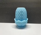 Fenton Fairy Lamp Blue Satin Hobnail Milk Glass Candle Holder Two Piece *read*