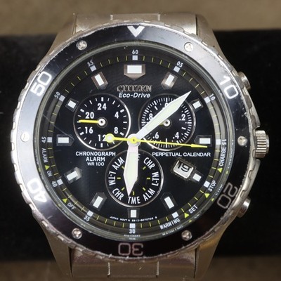 CITIZEN ECO DRIVE Black Dial stainless Chrono Alarm perpetual date BL5295-55E