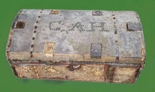 Antique 1800s Pioneer Hide Covered Stagecoach Trunk Chest Brass Rivet Initials 