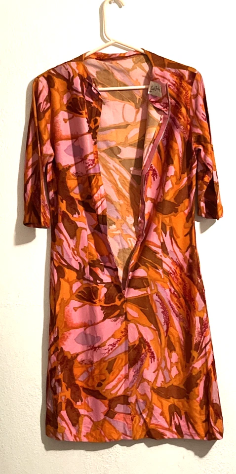 Vestido Vintage Lady Tucker Médio Laranja/Rosa Marrom Manga 3/4 Midi Anos 70 - Imagem 3 de 4