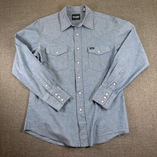 Wrangler Shirt Mens Medium Blue Chambray Pearl Snap X-Long Tails Western VTG