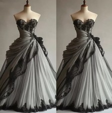 Gothic Wedding Dresses Strapless Black Lace Appliqued Ruched A-Line Bridal Gowns