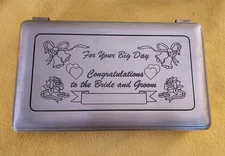 Pewter Silver Wedding Memory Box  Blue Interior With Green Ribbon ￼