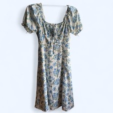 SHEIN White/Blue Floral Square Neck Puff Sleeve Midi Dress Tie Zip m