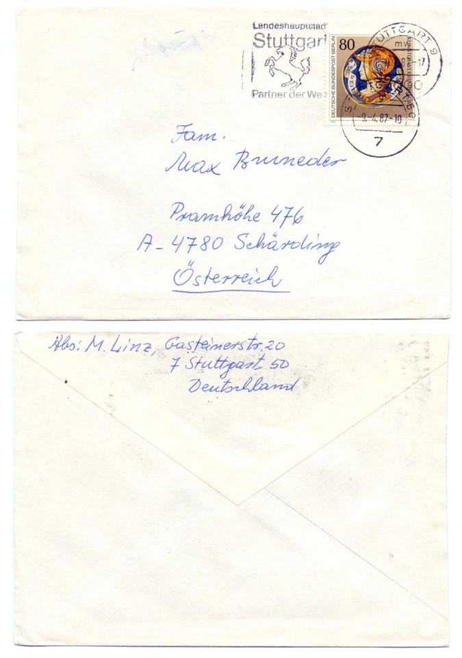 127934 - Mi.Nr. 711 - Beleg - Stuttgart 9.4.1987 nach Schärding, Österreich - Bild 1 von 1