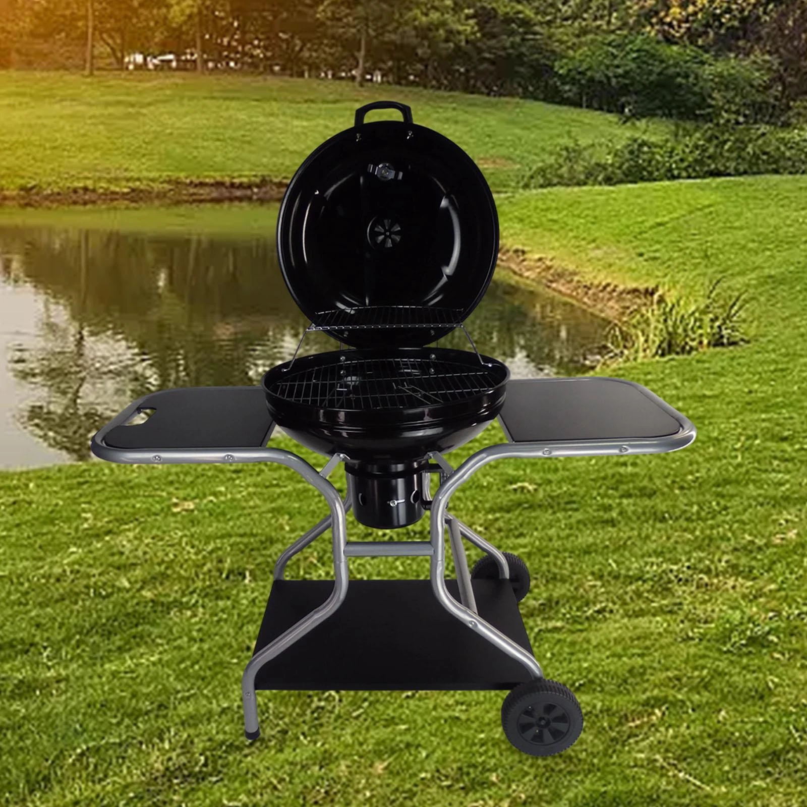 Portable Kettle-Style Wood Barbecue, Ready-to-Use Wheeled Cart, Ideal for