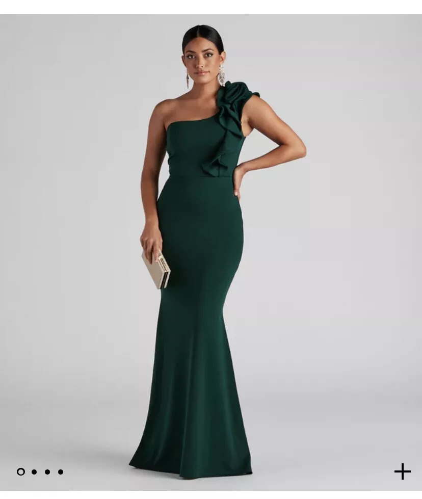 Green one top shoulder ruffle dress