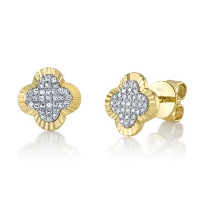 14 Karat Gold Diamant geriffelt Kleeblatt Ohrstecker Sonnenstrahl strahlend natürlich 0,12 ct