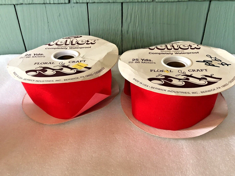 Vtg Berwick Veltex Waterproof Flocked Ribbon Christmas 2 3/4" Red Partial Rolls - Image 2 of 4