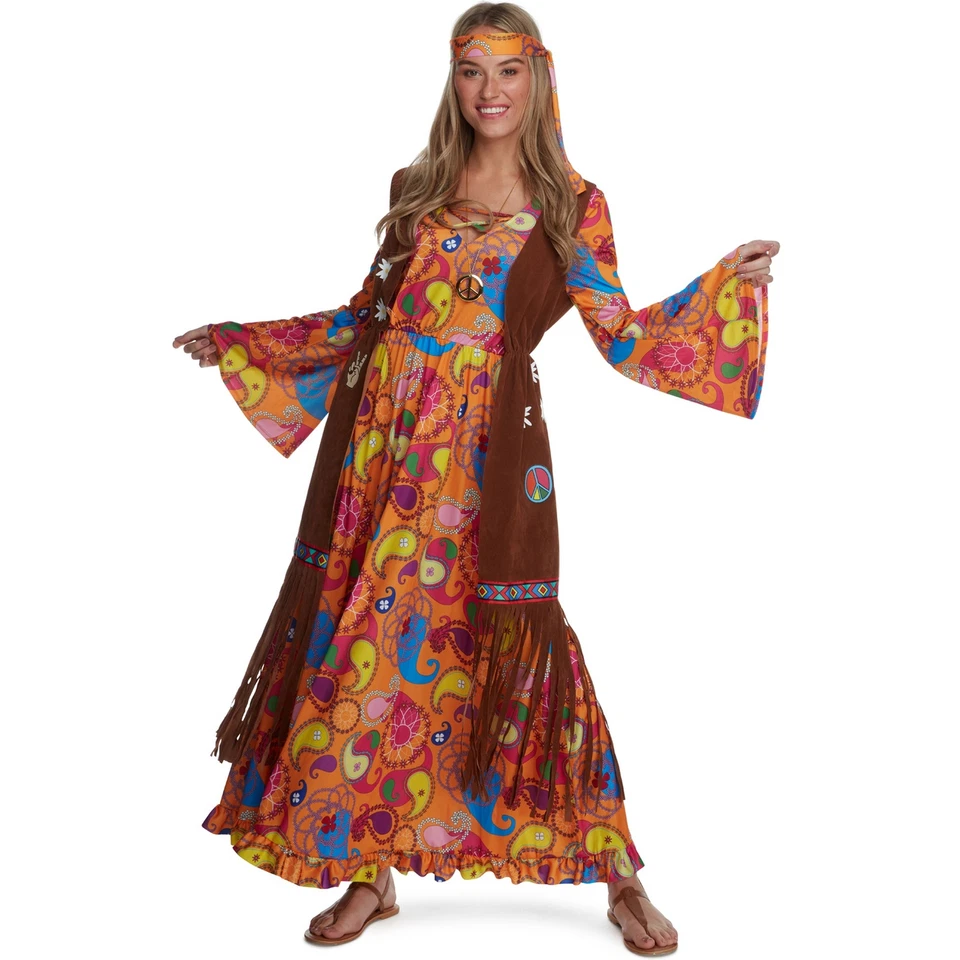 Disfraz Hippie Para Mujer Años 70 S - XXL Damas Vestido Hippy Largo Años 70 Flor Niño Foto 2 de 4