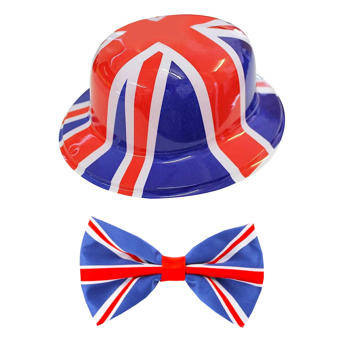 UNION JACK BOWLER HAT BOW TIE VE DAY 2025 FANCY DRESS ROYAL