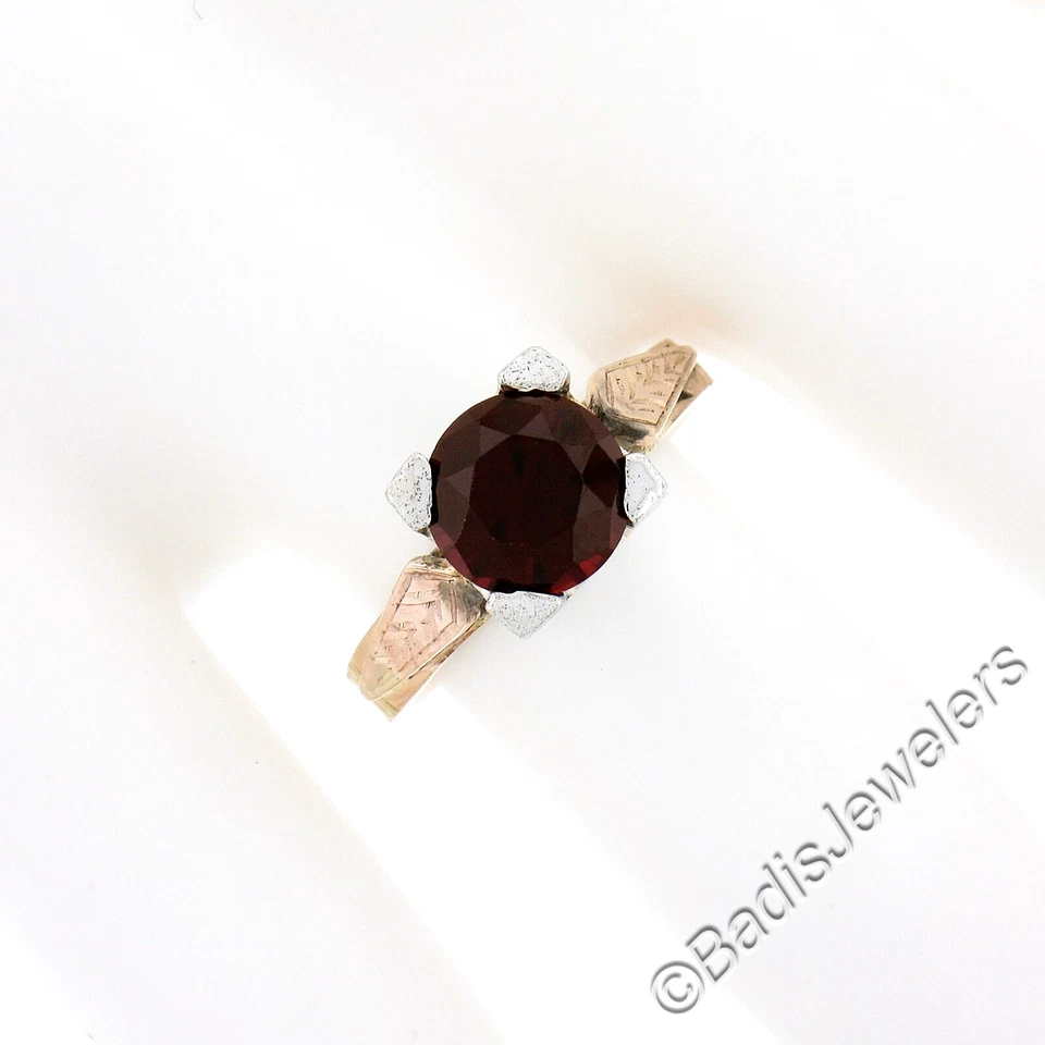 Antique 10K TT Gold 8mm Round Lab Created Ruby Solitaire w/ Engraved Sides Ring - Image 4 of 4