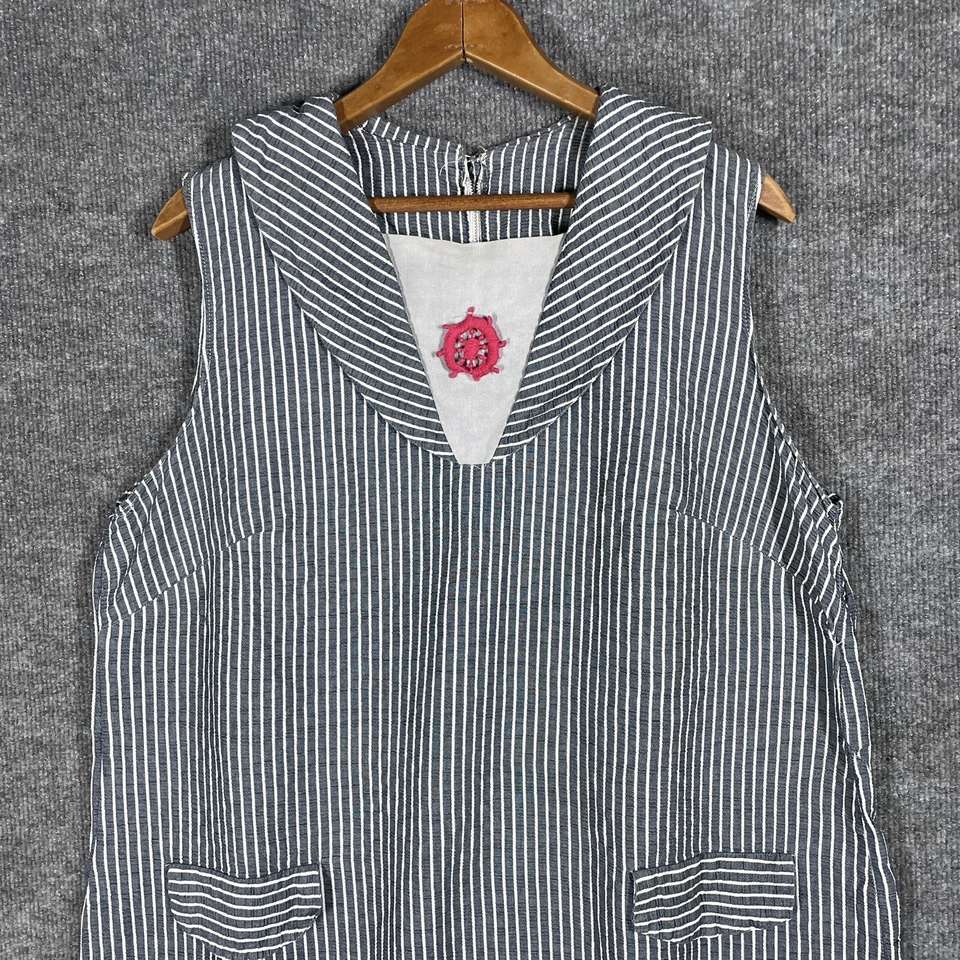 VINTAGE 50s 60s Seersucker Dress Size L/XL Nautical Sailor Novelty Cotton Shift - Image 2 of 4