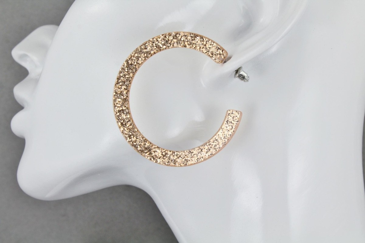 Gold sparkly hoop earrings plastic glitter post hoops wide acrylic  light
